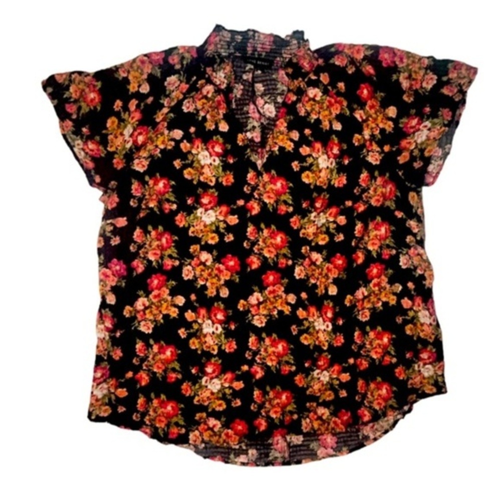 Lane Bryant Floral Shirt Lightweight Summer Top Ruffle Elastic Mock Neck Blouse